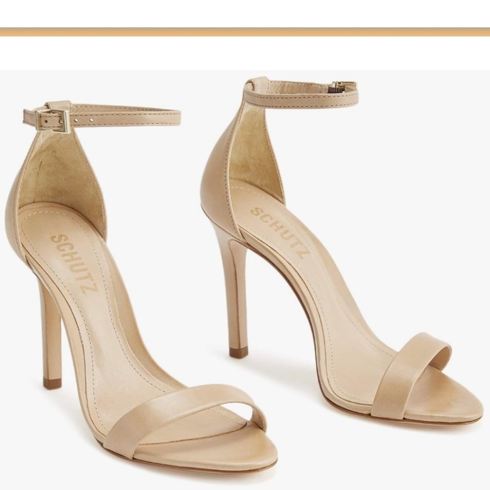Schutz Cady-Lee Nude Leather Ankle Strap Stiletto Sandals